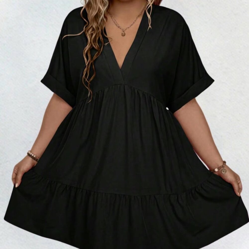 Plain Black Batwing Sleeve Ruffle hem Smock Dress Plus 3XL